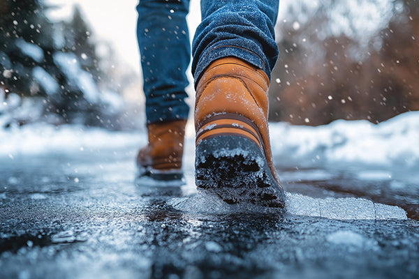 Man in winter boots walking on a icy sidewalk