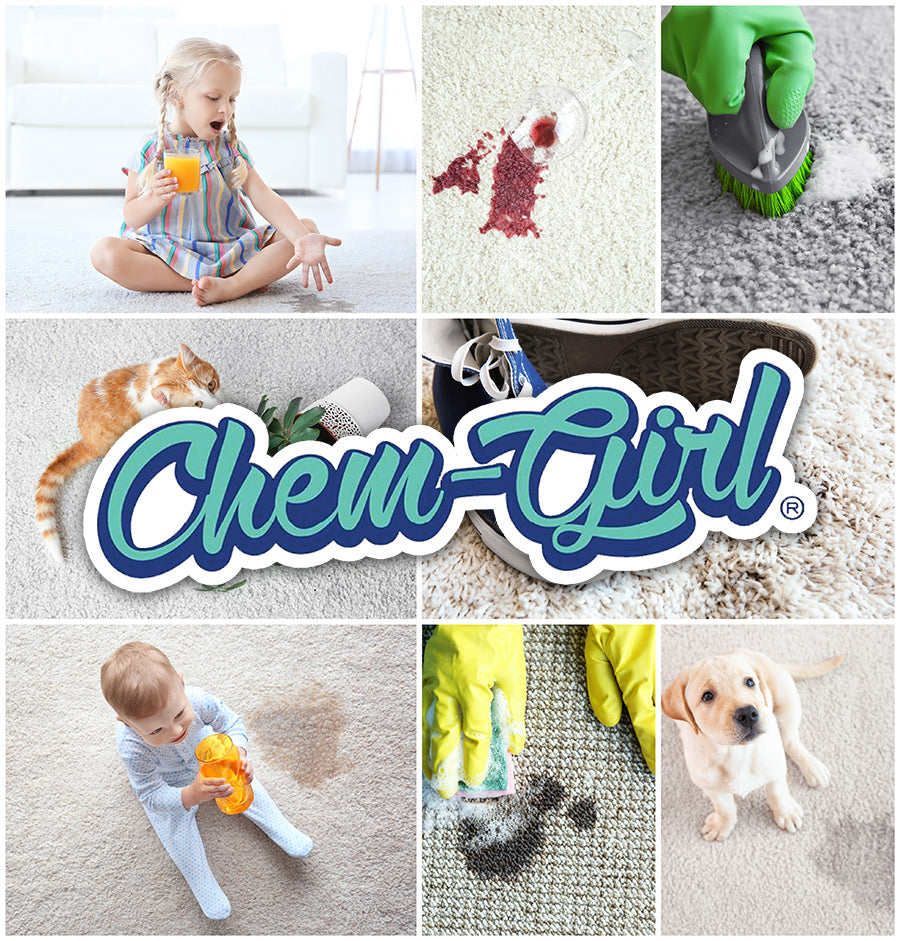 Chem-Girl logo overlayed on top of common household stain creators such as babies and pets