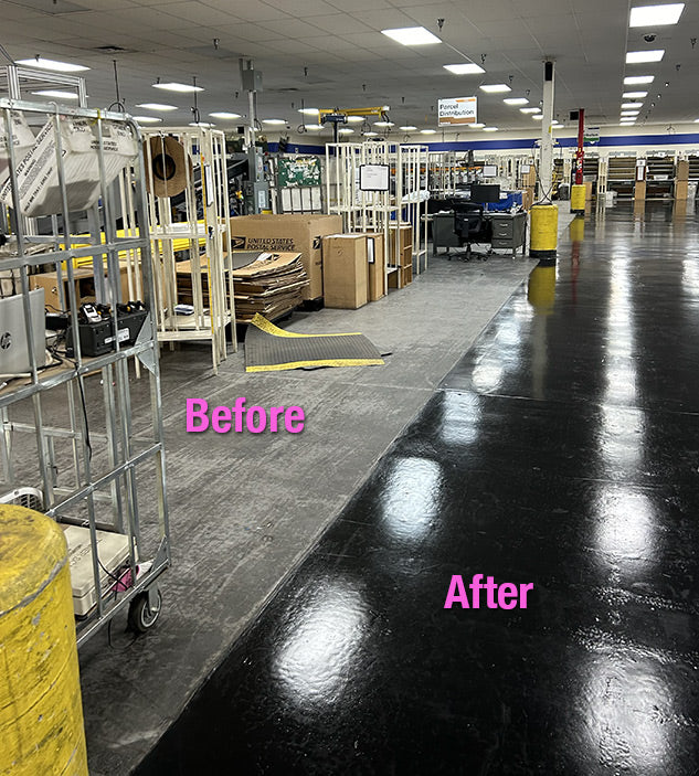 Demonstration of Black Beauty product after application - old gray floor on left - shiny black floor on right.